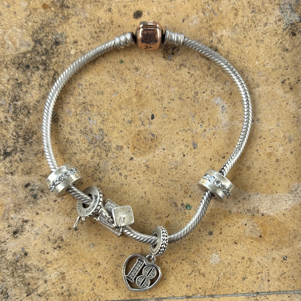Pandora Silver Bracelet with Gold tone closing 18 year charm and graduate charm